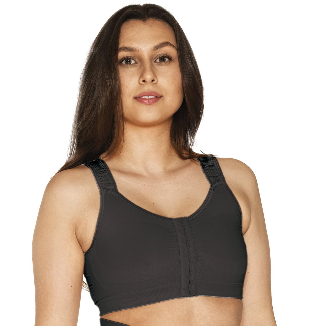 Woman wearing the black Reco Bra, showing the front hook and eye fastenings and the wide adjustable straps