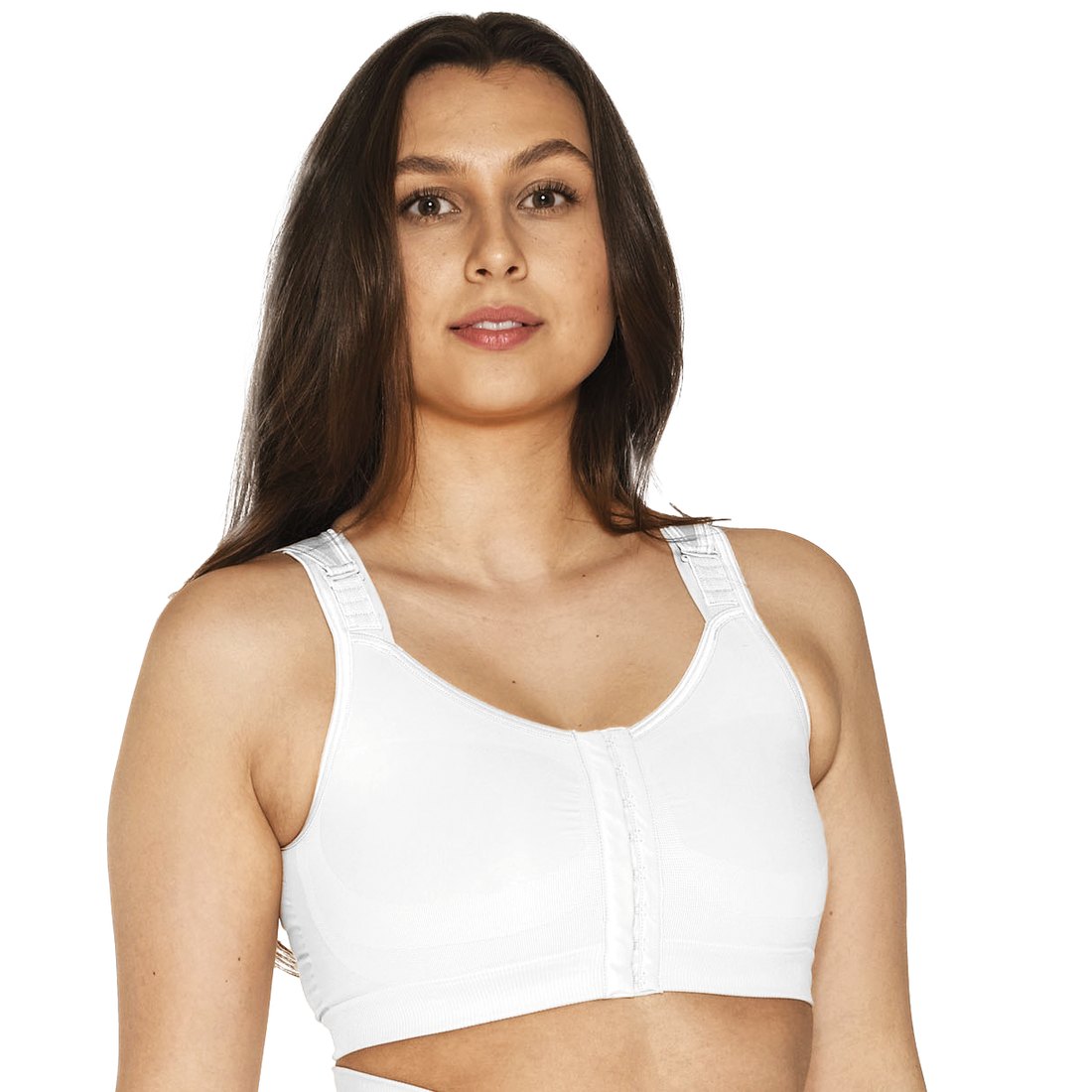 Reco Bra post surgical bra in white, showing the double front hook fastening and longline band
