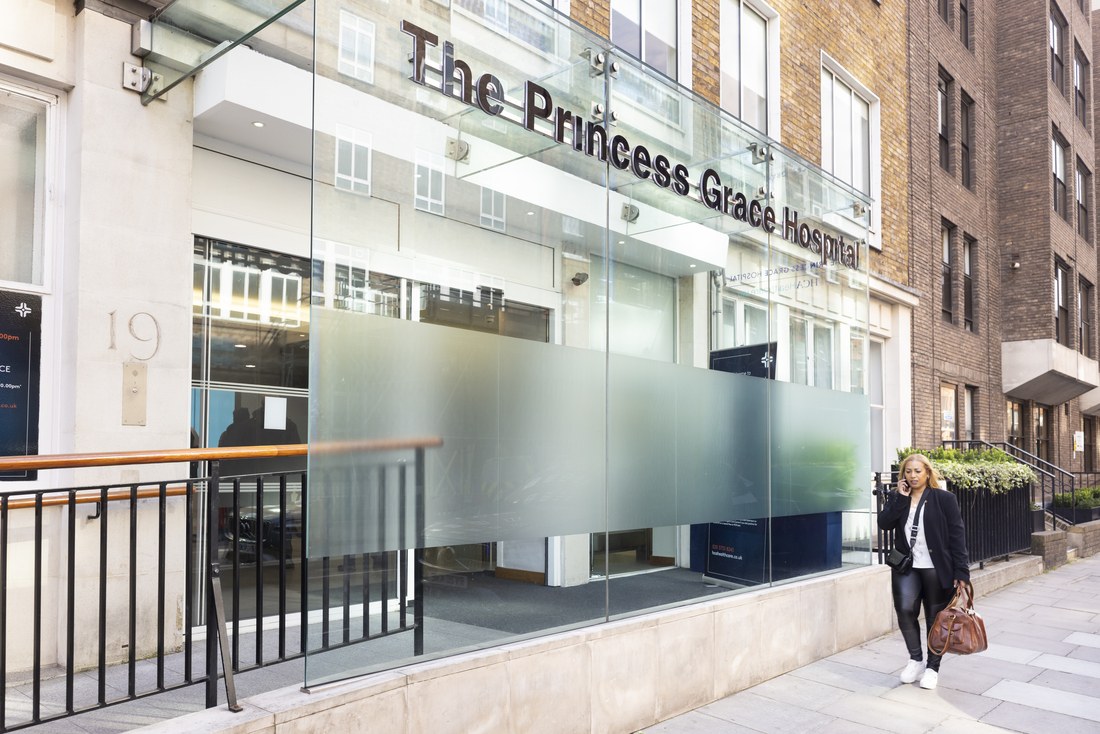 The glass frontage and entrance of The Princess Grace Hospital on Nottingham Place, London