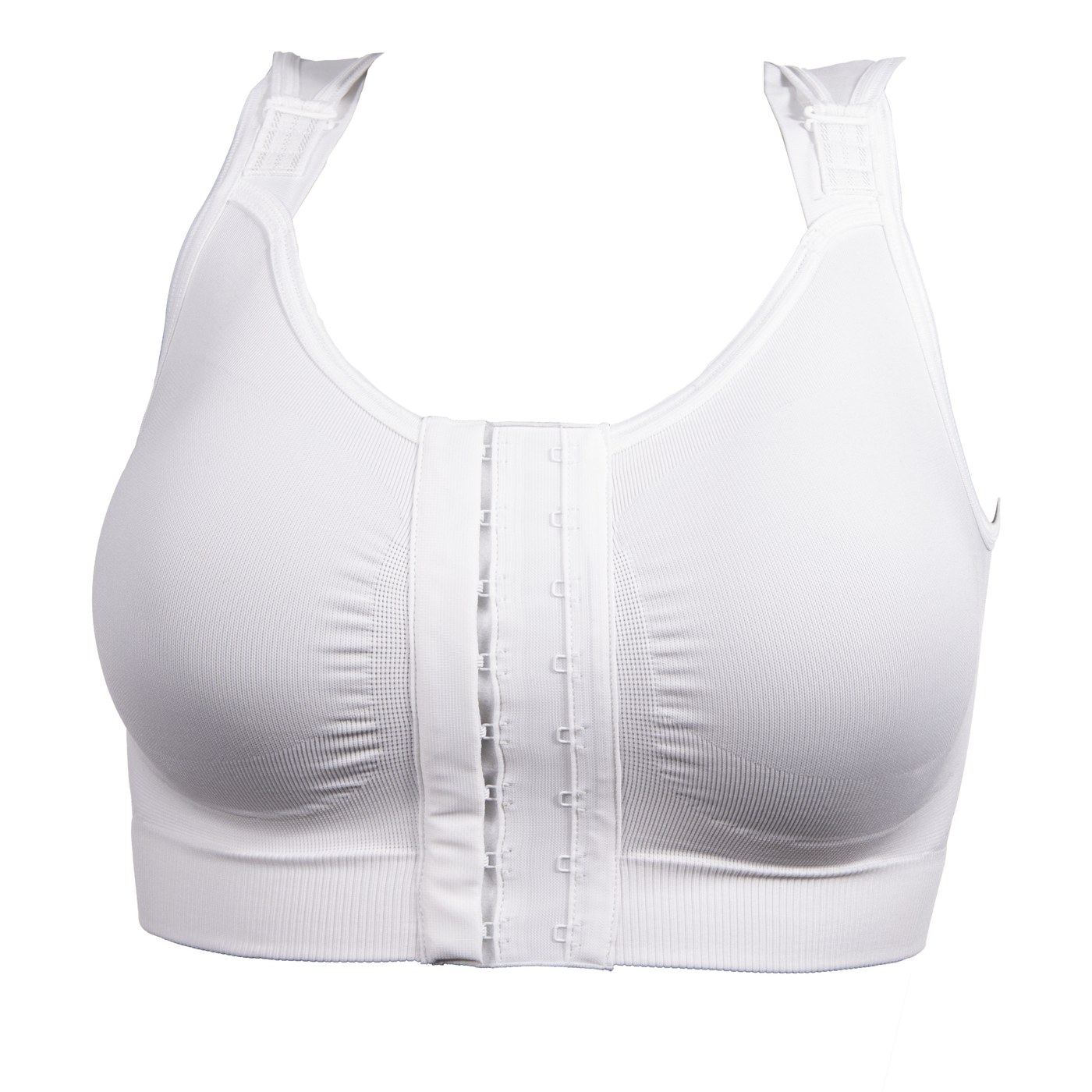The white Reco Bra photographed on its own against a white background, showing the full front of the garment, the two rows of hook and eye fastenings, the adjustable straps and the wide hem band
