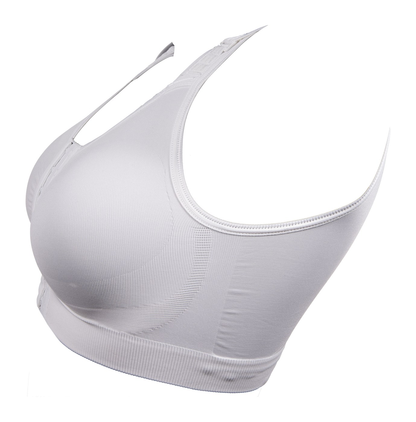 The white Reco Bra photographed from the side against a white background, showing the seamless knitted panel